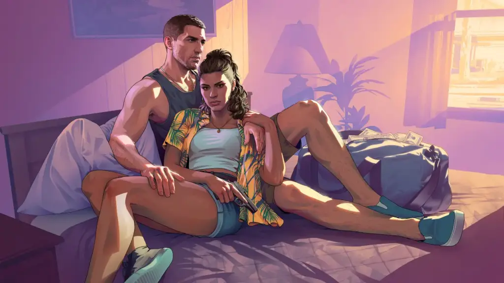 Ilustración oficial de Jason y Lucía en una cama con dinero / Rockstar Games